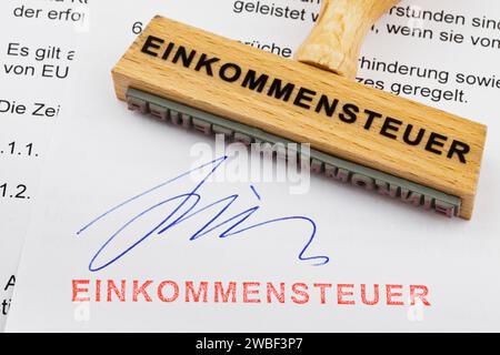 Un timbro di legno si trova su un documento. Iscrizione tedesca: Einkommensteuer Foto Stock