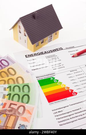 Un certificato energetico con una casa indipendente e banconote in euro, immagini simboliche Foto Stock