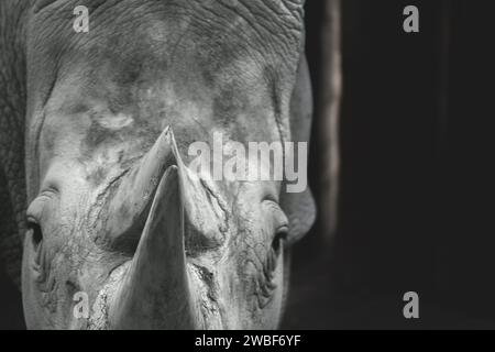 Primo piano di una testa di rinoceronte in bianco e nero, enfatizzando la consistenza della pelle e del corno, Allwetterzoo Muenster, Muenster, North Foto Stock