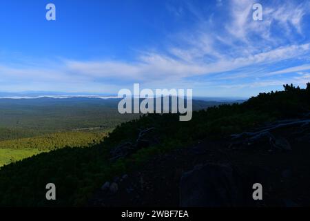 Vista di una lussureggiante foresta verde dalla cima di un'alta montagna Foto Stock