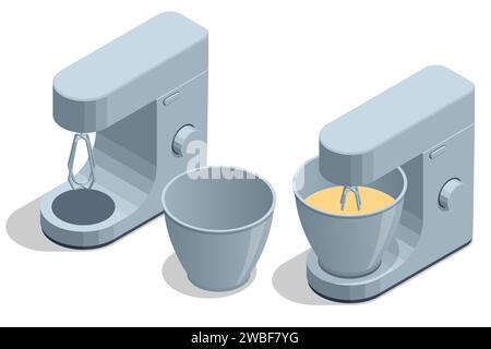 Robot da cucina Isometrico Silver con frusta, mixer a supporto isolati su sfondo bianco, mixer elettrico da cucina. Miscelatore da cucina. Biscotti e croissant Illustrazione Vettoriale