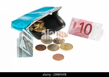 Un portafoglio con banconote e monete in euro, Austria Foto Stock