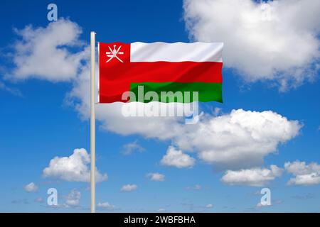 La bandiera dell'Oman, paese del Medio Oriente, capitale è Mascate, situata sul Golfo Persico, Studio Foto Stock