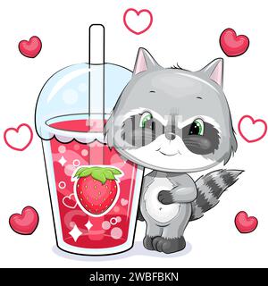 Carino procione da cartoni animati con una grande bevanda alla fragola. Illustrazione vettoriale di un animale e di una tazza di acqua rossa su sfondo bianco con cuori rossi. Illustrazione Vettoriale