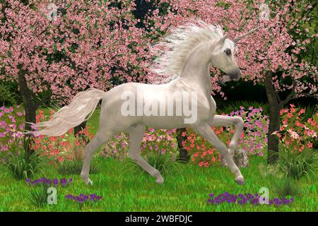 Un leggendario galoppo di unicorno bianco attraverso una foresta piena di fiori e ciliegi. Foto Stock