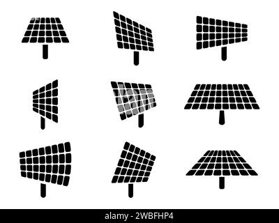 Set di icone del pannello solare isolato su sfondo bianco. Pannelli solari di diverse dimensioni e forme. Energia rinnovabile, produzione di energia ecocompatibile Illustrazione Vettoriale