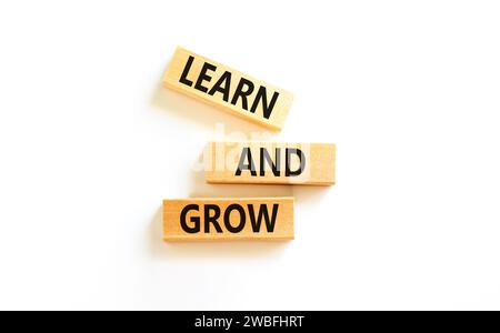 Simbolo di apprendimento e crescita. Parola concetto imparare e crescere su un bellissimo blocco di legno. Bellissimo sfondo bianco del tavolo. Business, istruzione Learn e gr Foto Stock
