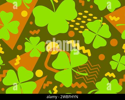 Motivo senza cuciture con trifoglio e forme geometriche nello stile Memphis anni '80. St Sfondo del giorno di Patrizio con quadrifoglio verde e quadrifoglio a tre foglie per g Illustrazione Vettoriale