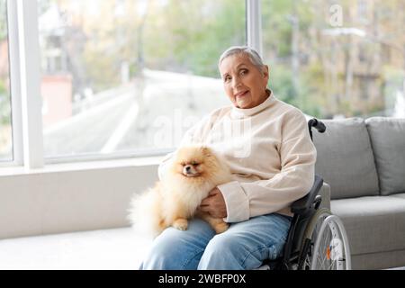 Donna anziana in sedia a rotelle con cane della Pomerania a casa Foto Stock