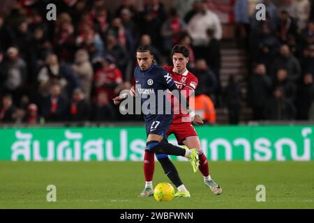 Malo gusto del Chelsea in azione con Hayden Hackney del Middlesbrough durante la semifinale della Carabao Cup 1st Leg Match tra Middlesbrough e Chelsea al Riverside Stadium di Middlesbrough martedì 9 gennaio 2024. (Foto: Mark Fletcher | mi News) crediti: MI News & Sport /Alamy Live News Foto Stock