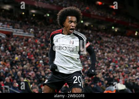 Liverpool, Regno Unito. 10 gennaio 2024. Willian del Fulham festeggia dopo aver segnato il primo gol della sua squadra. Carabao Cup, EFL Cup, semifinale partita di andata, Liverpool contro Fulham ad Anfield a Liverpool mercoledì 10 gennaio 2024. Questa immagine può essere utilizzata solo per scopi editoriali. Solo per uso editoriale. foto di Chris Stading/Andrew Orchard fotografia sportiva/Alamy Live news Credit: Andrew Orchard Sports Photography/Alamy Live News Foto Stock
