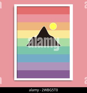 Banner retrò Sunset. cornice a righe retroonde in stile anni '80 con montagne e sole. Illustrazione vettoriale Illustrazione Vettoriale