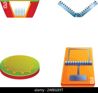 Le icone delle trappole animali impostano il vettore dei cartoni animati. Vari tipi di trappole per animali. Stabulario per catturare e trattenere gli animali Illustrazione Vettoriale