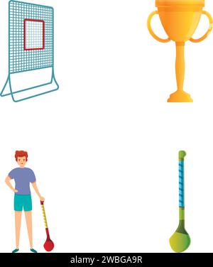 Le icone di hurling impostano il vettore dei cartoni animati. Giocatore con casco e attrezzatura da lancio. Sport tradizionale irlandese Illustrazione Vettoriale