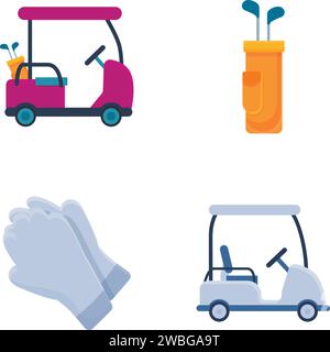 Le icone delle attrezzature da golf impostano il vettore dei cartoni animati. Golf cart, borsa e un paio di guanti. Sport e gare di gioco Illustrazione Vettoriale