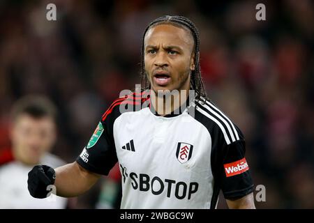 Liverpool, Regno Unito. 10 gennaio 2024. Bobby Reid di Fulham guarda. Carabao Cup, EFL Cup, semifinale partita di andata, Liverpool contro Fulham ad Anfield a Liverpool mercoledì 10 gennaio 2024. Questa immagine può essere utilizzata solo per scopi editoriali. Solo per uso editoriale. foto di Chris Stading/Andrew Orchard fotografia sportiva/Alamy Live news Credit: Andrew Orchard Sports Photography/Alamy Live News Foto Stock