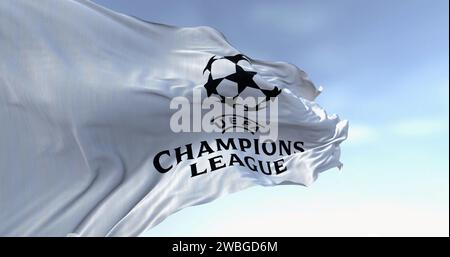 Londra, Regno Unito, novembre 25 2023: Primo piano della bandiera della UEFA Champions League. Competizione calcistica europea. Tessuto ondulato. Editoriale illustrativo 3d illu Foto Stock