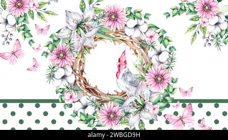Watercolor horizontal background with birds with flowers. Red cardinal, bouquets and wreaths. Birds and flowers are hand drawn. Compositions with bird Foto Stock