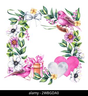 Corona di San Valentino ad acquerello con mazzi di fiori, uccelli e fiori isolati su bianco. Fiori, uccelli e cuori disegnati a mano per il design Foto Stock