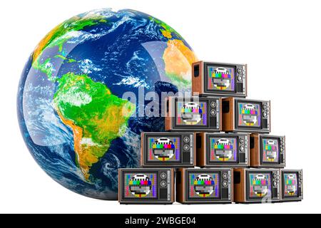 Earth Globe con TV vintage con scheda di prova TV. Concetto televisivo internazionale, rendering 3D isolato su sfondo bianco Foto Stock