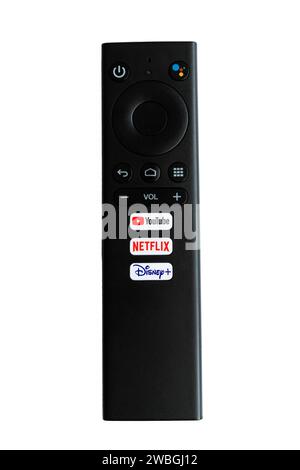 Telecomando Smart TV per servizi di streaming. Dispone di tre pulsanti con accesso diretto a Disney Plus, YouTube, Netflix e di un pulsante dedicato Foto Stock