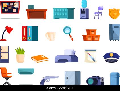 Le icone dell'ufficio del crimine impostano il vettore dei cartoni animati. Detective Room. Arredamento interno Illustrazione Vettoriale