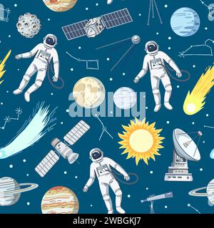 Modello senza interruzioni con astronauti, stelle, pianeti e satelliti nel cosmo. Stampa di cartoni animati con elementi spaziali, illustrazione vettoriale Illustrazione Vettoriale