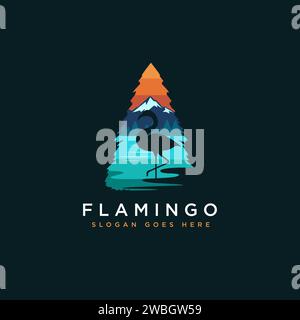 logo del fenicottero e paesaggio lacustre a forma di pino vettoriale Illustrazione Vettoriale