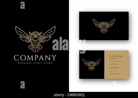 icona con logo flying gufo e modello di biglietto da visita con logo line art Illustrazione Vettoriale