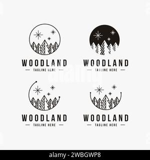 Logo foresta di pini, icona logo Woodland modello vettoriale impostato su sfondo bianco Illustrazione Vettoriale