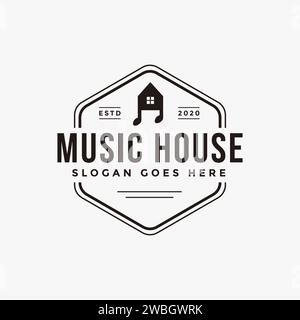 Stemma logo logo Music House modello vettoriale su sfondo bianco, icona logo House e note musicali Illustrazione Vettoriale