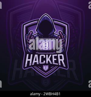 Design del logo della mascotte di gioco hacker e-Sports Illustrazione Vettoriale