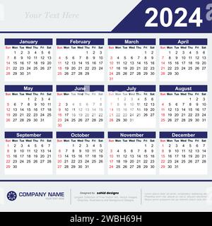 Modello di calendario trimestrale per l'anno 2024. Griglia calendario da parete in stile minimalista. La settimana inizia lunedì. Illustrazione Vettoriale