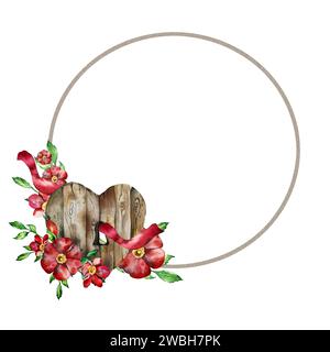 La cornice rotonda ad acquerello è un cuore di legno stilizzato con un buco per la serratura, un nastro rosso e fiori, foglie di rosa. Può essere usato per progettare San Valentino Foto Stock