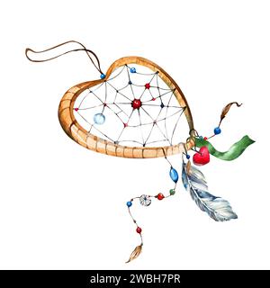 Un ricevitore di sogni a forma di cuore con perline, piume e nastri. illustrazione ad acquerello fatta a mano. isolato su sfondo bianco. Adatto per la vostra Val Foto Stock