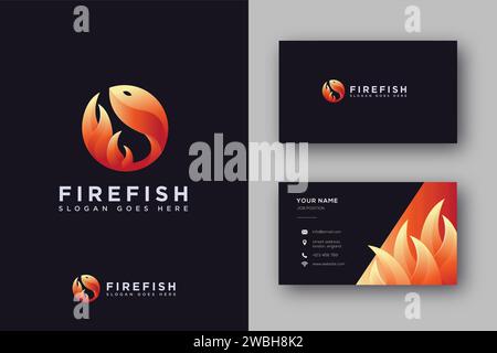 Moderna icona geometrica con logo Fire FISH con disegno a razione dorata su sfondo nero Illustrazione Vettoriale