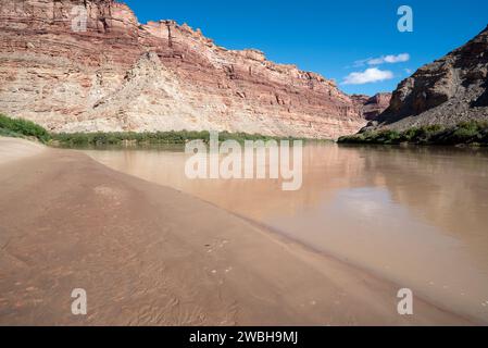 Spiaggia alla confluenza dei fiumi Green e Colorado, Canyonlands National Park, Utah. Foto Stock