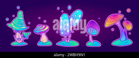 Collezione di adesivi a funghi Trippy. Cartone animato brillante neon fluorescente psichedelico fantasia funghi. Set di illustrazioni vettoriali di stampe hippy di un magico alieno fato che illumina il folle fungo allucinogeno sull'erba. Illustrazione Vettoriale