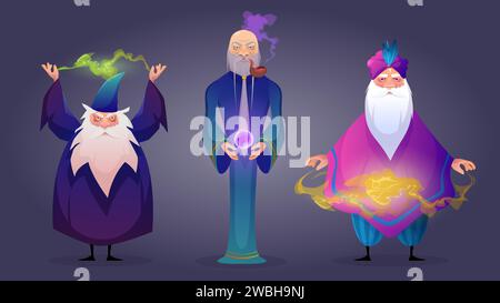 Personaggio di gioco mago maschile. Set illustrativo vettoriale di vari vecchi stregoni e maghi con lunga barba grigia. wise fantasy warlock con magica nebbia e palla magica. Illustrazione Vettoriale