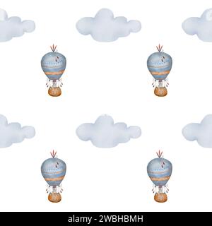 Palloncini ad aria calda con motivo acquerello in colori pastello. Graziosa illustrazione di un coniglietto e di un orso in stile boho con nuvole. Immagine senza cuciture Kawaii Foto Stock
