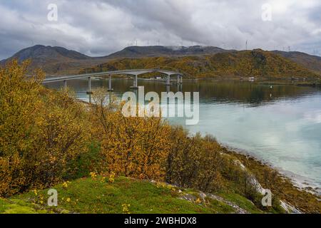 Il ponte di Sommarøy, curva maestosamente e attraversa l'Atlantico sulla costa di Troms, Norvegia. piante colorate autunnali sulla riva dell'oceano Foto Stock