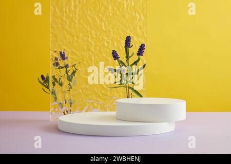 Vista frontale della piattaforma cilindrica vuota per cosmetici decorata su sfondo giallo con fiori di lavanda e foglio acrilico. Scena minimalista per adv Foto Stock