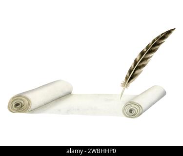 Apri il rotolo di carta con una penna a forma di acquerello raffigurante la storia, la poesia o i disegni di avventura Foto Stock