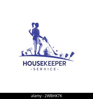 Simpatico cartello con il logo della cameriera, pulizia della casa e cameriera Logo mascotte su sfondo bianco illustrazione vettoriale Illustrazione Vettoriale