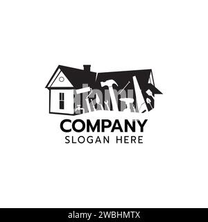 Logo House Builder, servizio di riparazione della casa, strumento per lavoratori edili concetto di Handyman su sfondo bianco illustrazione vettoriale Illustrazione Vettoriale