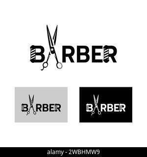 Modello con logo Barber Shop stilizzato su sfondo bianco illustrazione vettoriale . Collezione di elementi di design per emblemi, logo, etichette. barbiere di seta Illustrazione Vettoriale