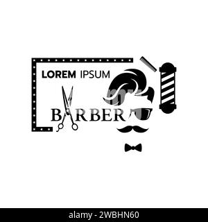 Modello con logo Barber Shop stilizzato su sfondo bianco illustrazione vettoriale . Collezione di elementi di design per emblemi, logo, etichette. barbiere di seta Illustrazione Vettoriale