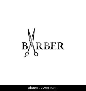 Modello con logo Barber Shop stilizzato su sfondo bianco illustrazione vettoriale . Collezione di elementi di design per emblemi, logo, etichette. barbiere Illustrazione Vettoriale