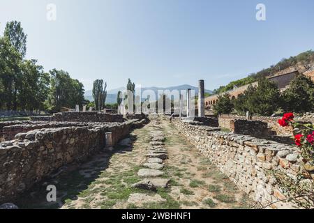 Una vista ad ampio angolo del sito di Heraclea Lyncestis, un'antica città greca vicino alla moderna città di Bitola nella Macedonia del Nord. Preso in una giornata di sole Foto Stock