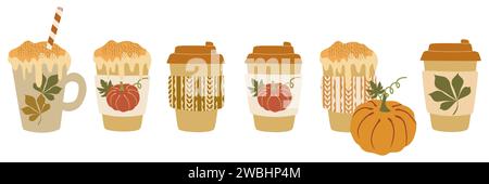 Set di diversi tipi di caffè Pumpkin To Go. Illustrazione di stile piatto vettoriale. Tazze di carta con cappuccino, latte autunnale, cioccolata calda isolata su Illustrazione Vettoriale